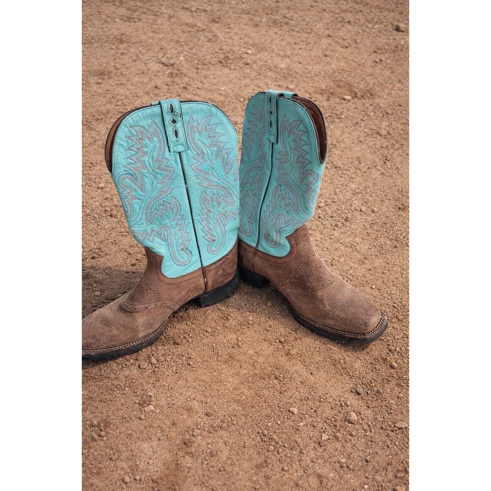 Justin Boots Brown Leather Cowboy Boots with Turquoise Stitching
